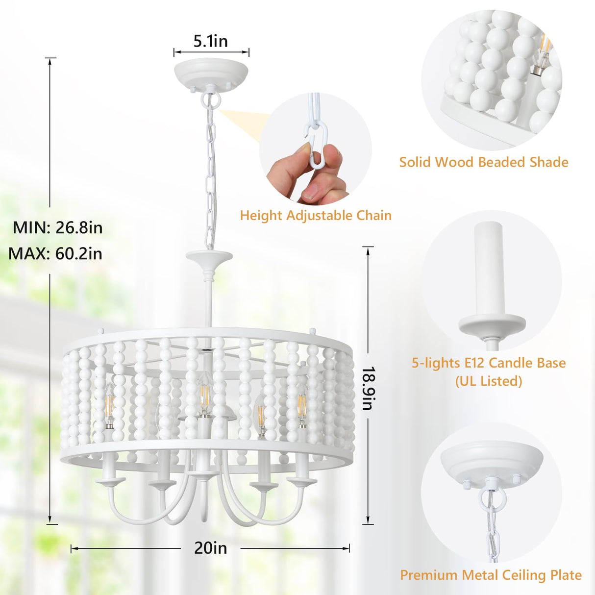 LAMSU Farmhouse Chandeliers for Dining Room, 5-Light Boho Wood Chandelier Light Fixture with Solid Wooden Beaded Shade, Modern Drum Chandeliers for Living Room Kitchen Island Bedroom Foyer, White LAMSU