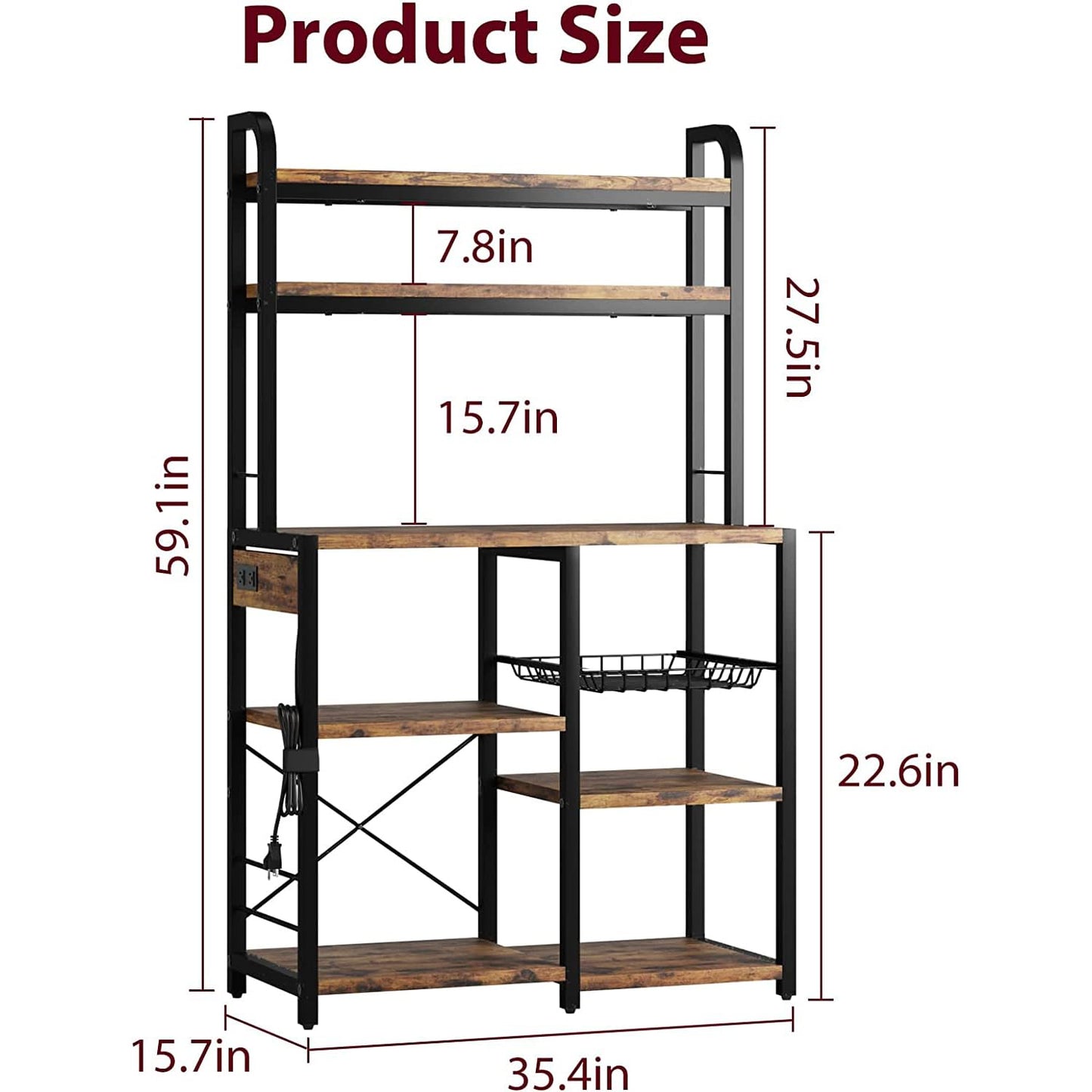 GarveeHome Microwave Stand Bakers Rack with Power Outlet, Kitchen Baker Rack with Wire Basket, 6-Tier Large Freestanding Utility Storage Shelf for Kitchen Dining Living Room, Rustic Brown