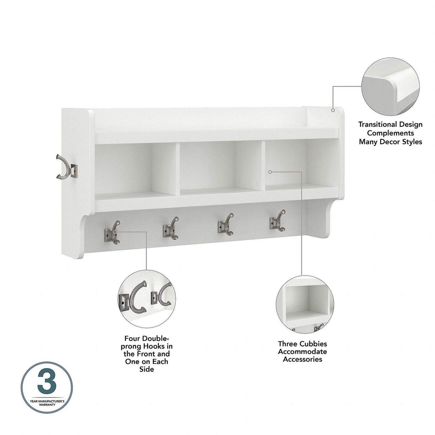 Bush Furniture Woodland Full Entryway Storage Set with Coat Rack and Shoe Bench with Doors | Mudroom Organizer for Footwear, Clothing, White Ash - WoodArtSupply