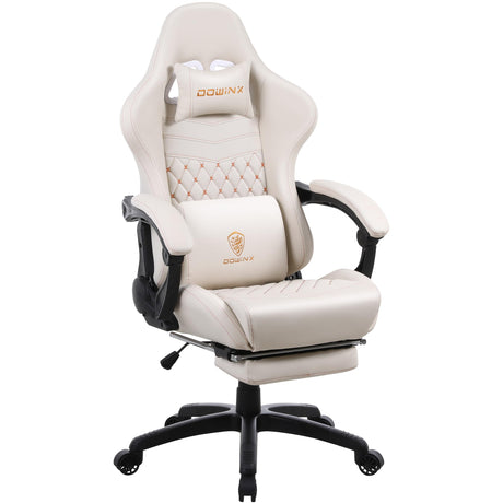 Dowinx Gaming Chair Office Desk Chair with Massage Lumbar Support, Vintage Style Armchair PU Leather E-Sports Gamer Chairs with Retractable Footrest (Ivory) Dowinx