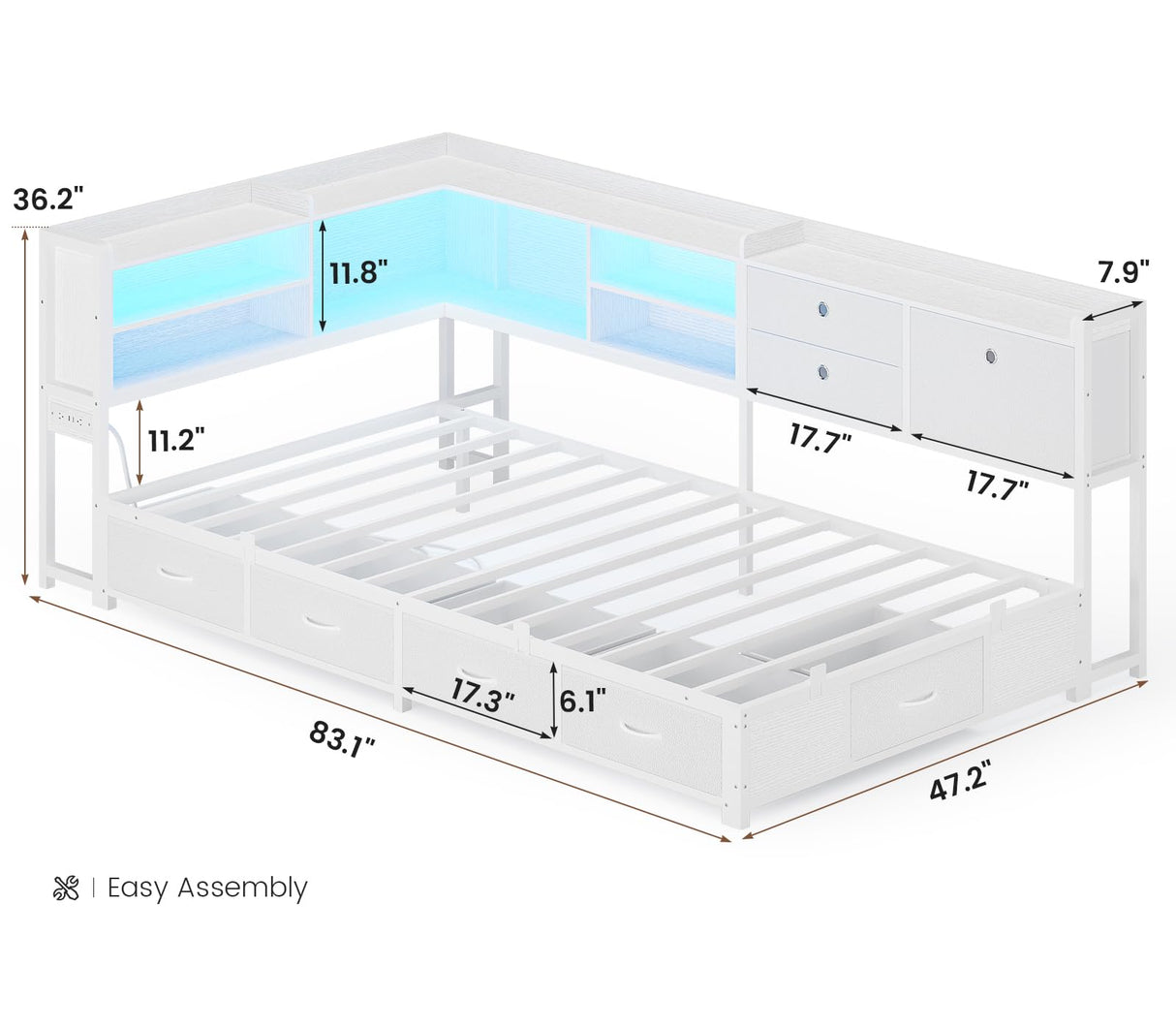 BTHFST Corner Bed Frame with Charging Station & Led Lights, Twin Bed Frame with 8 Storage Drawers & Bookcase, Twin Daybed with Storage Headboard for Kids Guests, White BTHFST