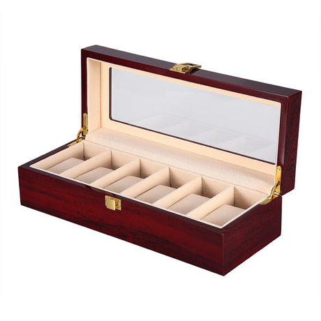 Uten Watch Box, 6 Slot Watch Case, Watch Holder with Glass Lid, Wooden Watch Case with Removable Watch Pillow, Metal Clasp Watch Display., brown,peach,clear Uten