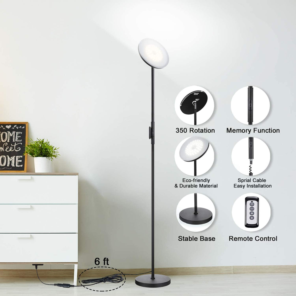 JOOFO Floor Lamp,30W/2400LM Sky LED Modern Torchiere 3 Color Temperatures Super Bright-Tall Standing Pole Light with Remote & Touch Control for Living Room,Bed Room,Office (Black) JOOFO