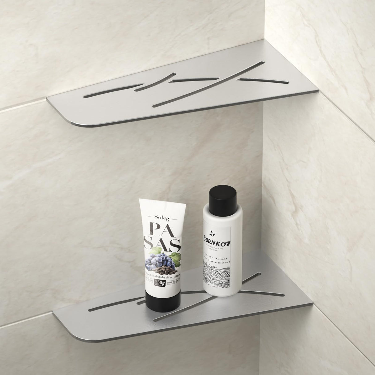 Bernkot Corner Shower Shelf 12" Brushed 304 Stainless Steel Quadrilateral Corner Shelves Recessed Bathroom Storage Shampoo Holder Organizer Kitchen Shelf Rack 2 Pack, No Drilling Needed Bernkot