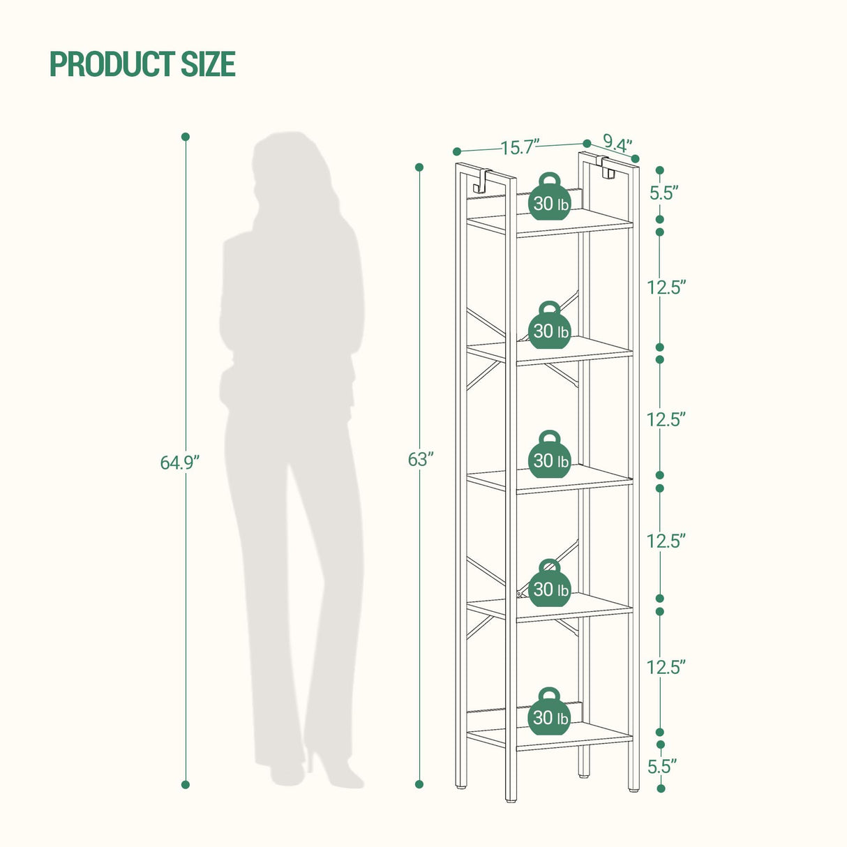 Hzuaneri Bookshelf, Book Shelf, Industrial Bookcase with 2 Hooks, Coner Shelf Storage Organizer for Home Office, Living Room, Bedroom, Kitchen, 5-Tier Black BC10504B Hzuaneri