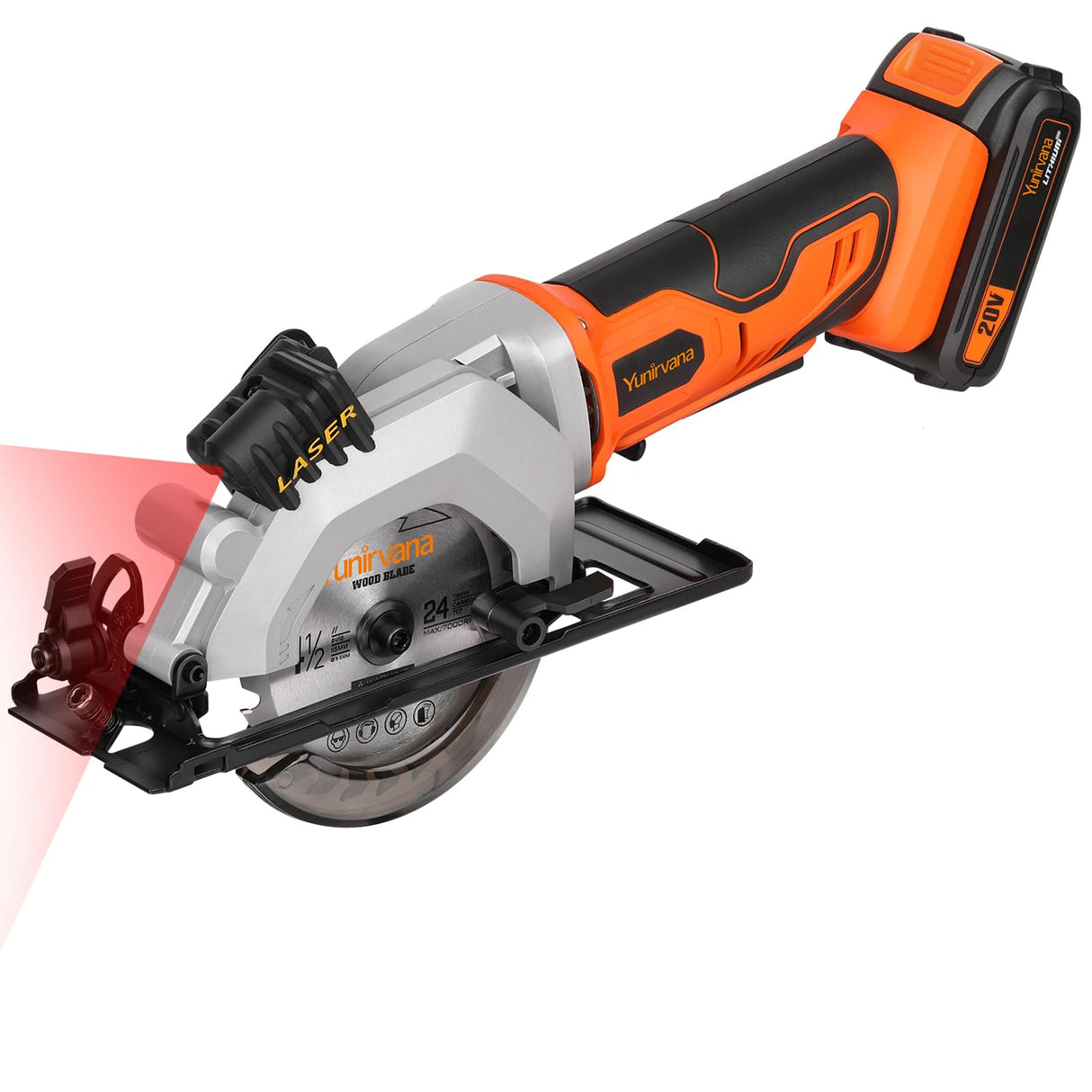Yunirvana Mini Circular Saw, 20V 3400RPM Professional Cordless Circular Saw, Adjustable Angle and Depth,Max Cutting Depth 1-2/3"(90°), 1-1/8"(45°), Laser Guide, Rip Guide Yunirvana