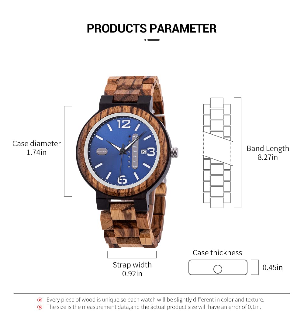 BOBO BIRD Week and Date Multi-Functional Display Men's Zebra Wooden Quartz Watch Lightweight Handmade Casual Wristwatches with Gift Box (Blue Dial) BOBO BIRD