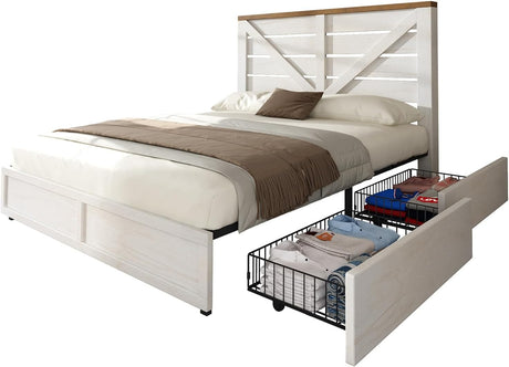 AMERLIFE Full Size Farmhouse Bed Frame with 4 Drawers, Wooden Storage Bed Frame with Headboard and Heavy Duty Metal Slats, Noisy Free, Easy Assemble, White/Barnwood AMERLIFE