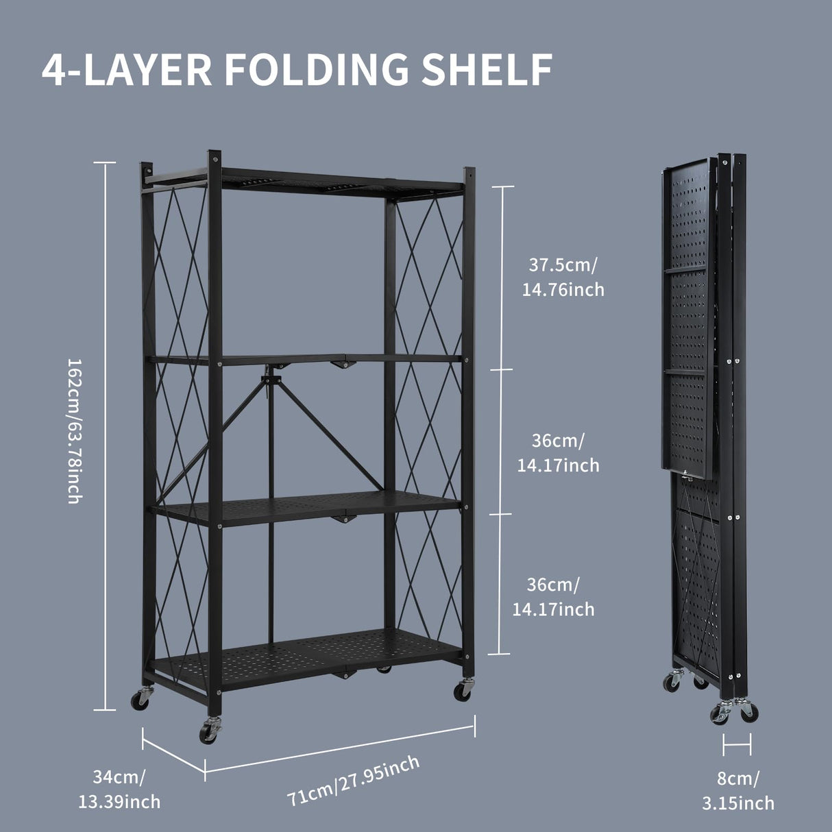 JOYBOS 4-Shelf Foldable Storage Shelves with Wheels, Heavy Duty Metal Shelving, No Assembly Organizer Wire Shelf Rack for Garage Kitchen, Basement, Pantry, Holds up to 1000 pounds… JOYBOS