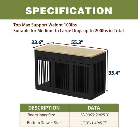DAWNSPACES Extra Large Dog Crate Furniture with 3 Drawers, Indoor Heavy Duty Dog Kennel House, 55.3" Furniture Style Dog Crate Side End Table TV Stand for XL Large Medium Breed Dogs, Black DAWNSPACES