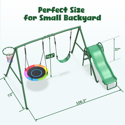 Hapfan 440lbs Swing Sets with Slide for Backyard, Swingset Outdoor for Kids, Heavy Duty Metal Playset, Saucer Swing, Belt Swing, Basketball Hoop