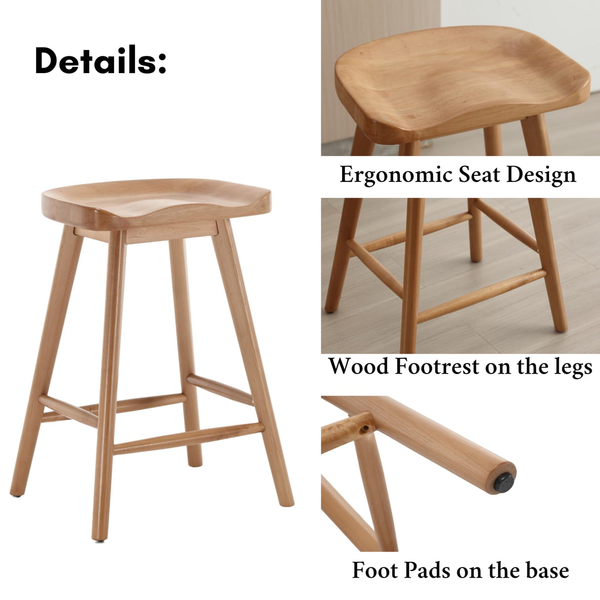 DUOMAY Backless Counter Stools Set of 4, Modern 24.25" Seat Height Low Bar Chairs Solid Rubber Wood Counter Height Barstools Farmhouse Dining Stools for Home Kitchen, Brown DUOMAY