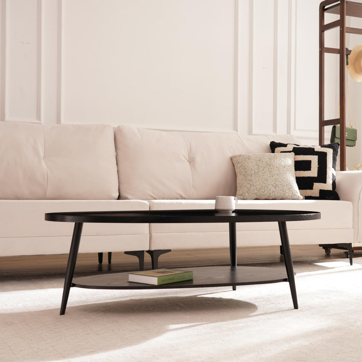 Shrine Black Oval Coffee Table, Mid-Century Modern Coffee Table, Black Walnut Wood Table for Living Room, D47''x W23.6''x H15'', Sleek Conical Metal Legs with Black Finish Shrine