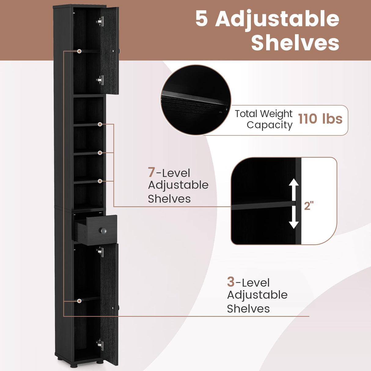 Tangkula Tall Slim Bathroom Storage Cabinet, 71" Freestanding Bathroom Cabinet w/ 2 Doors, 1 Drawer & 5 Adjustable Shelves, Floor Narrow Tower Cabinet for Small Spaces, 8" x 8" x 71" (Black) Tangkula