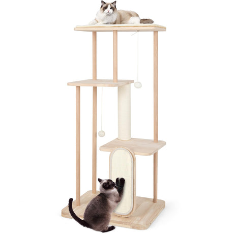 Tangkula Wooden Cat Tree, 50 Inch Tall Cat Tower with Solid Oak & Beech Wood Frame, Scratching Posts & Board, Perch, Pompom Ball, Cat Activity Center, Modern Cat Tree for Indoor Cats Large Adult Tangkula