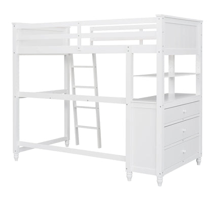 Twin Size Loft Bed with Desk and Storage by Harper & Bright Designs - Solid Wood Frame in White - WoodArtSupply