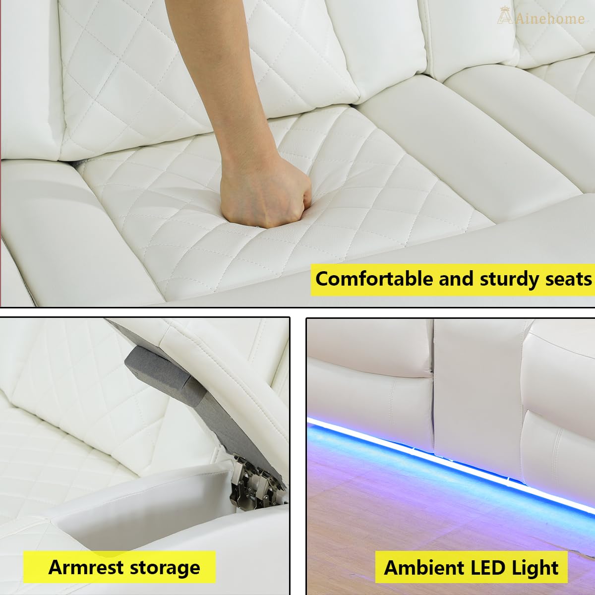 A Ainehome Power Recliner Sectional Sofa Couch with 2 Recliner, Living Room Furniture Sets, Leather Power Reclining Sectional Sofa Set with LED, Leather Couches with USB Port&Storage for Living Room A Ainehome
