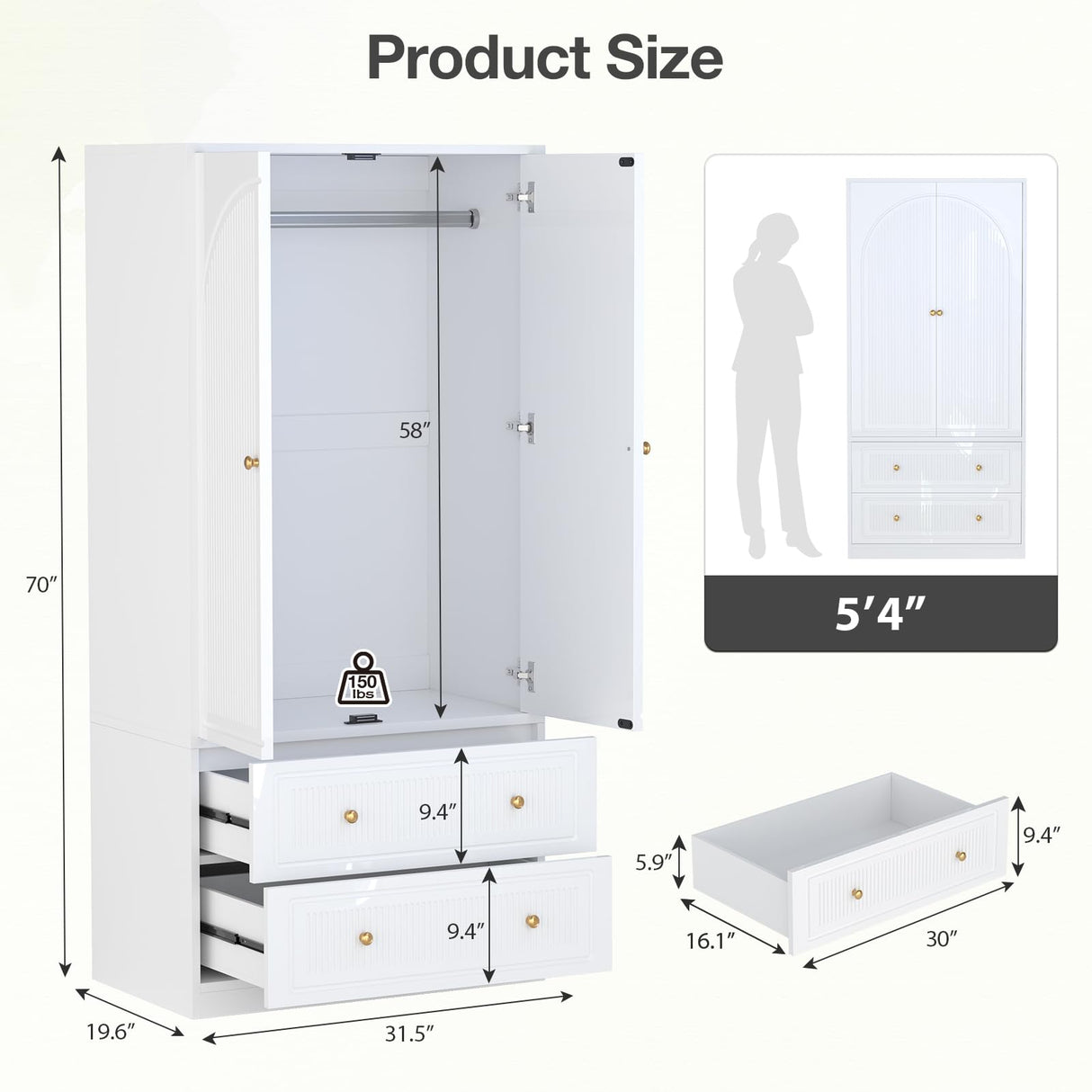 Wardrobe Closet with 2 Door & 2 Drawer, 71" White Bedroom Wooden Armoire with Hanging Rod, Freestanding Large Capacity Clothing Wardrobe Cabinet w/Gold Handles for Bedroom Buenhomino