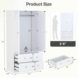 Wardrobe Closet with 2 Door & 2 Drawer, 71" White Bedroom Wooden Armoire with Hanging Rod, Freestanding Large Capacity Clothing Wardrobe Cabinet w/Gold Handles for Bedroom Buenhomino