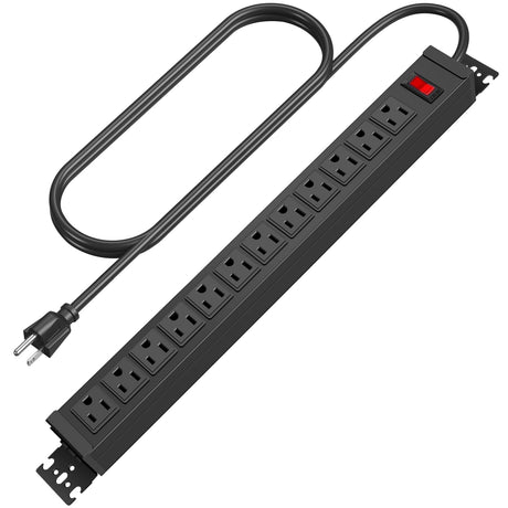 HHSOET Rotating Mountable Power Strip, 12 Outlet Wall Mount Surge Protector, Metal Heavy Duty and Versatile Outlet Strip, Stylish Appearance, Sturdy and Durable, 6ft Power Cord.(Black) HHSOET