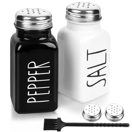 2 Pack Salt and Pepper Shakers Set, Glass Shaker with Stainless Steel Lid, Modern and Cute Farmhouse (Black and White) PECULA