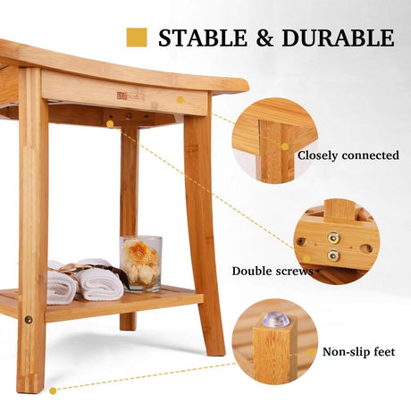 Unibambou Bamboo Shower Bench with Storage Shelf, Wooden Spa Bath Deluxe Organizer Shower Stool for Inside Shower Waterproof, Bathroom Bench Seat for Adults Elderly Seniors for Indoor or Outdoor Use Unibambou