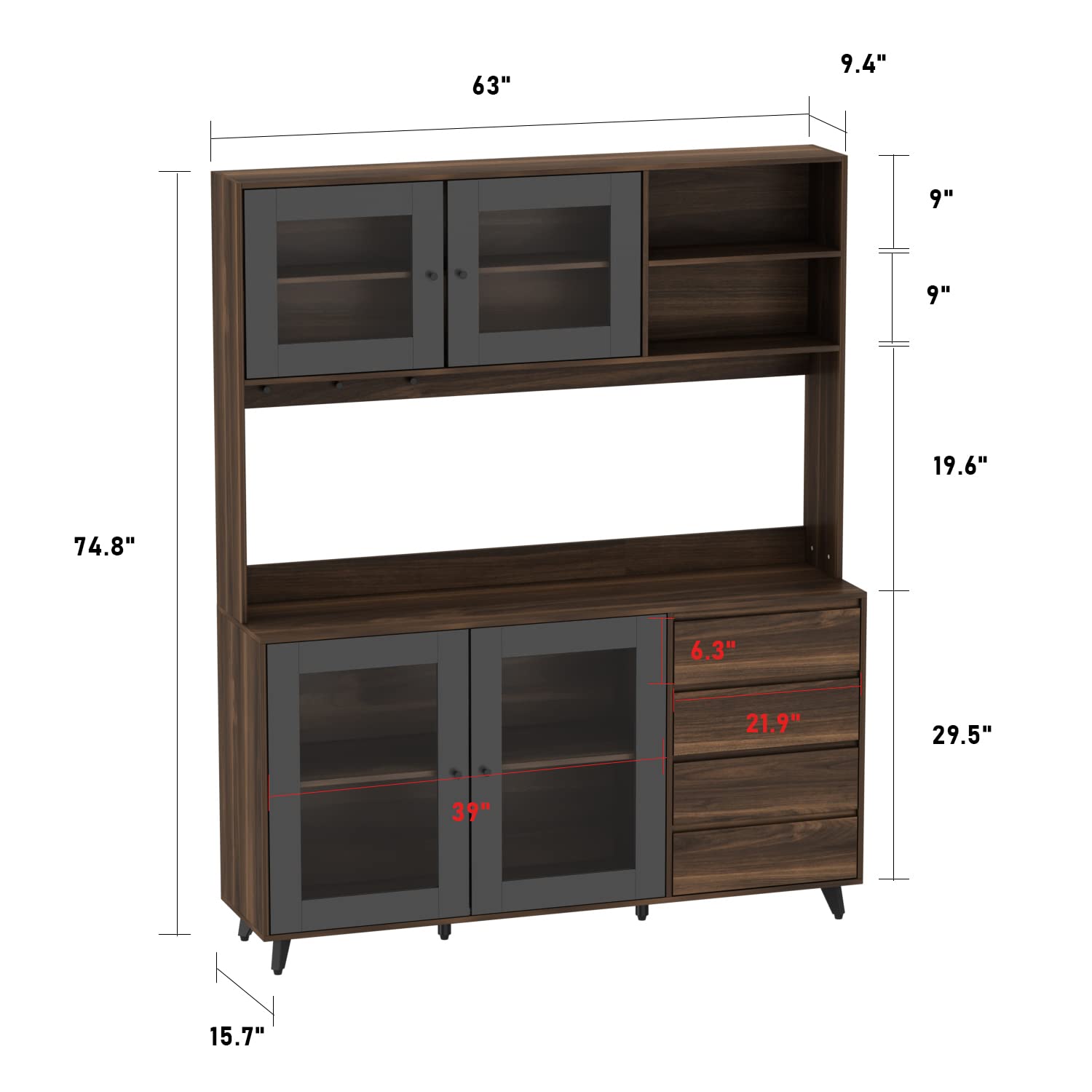 AIEGLE 63" W Large Kitchen Hutch Cabinet, Pantry Cabinets with Hutch, Freestanding Cupboard with 4 Doors, 4 Drawers & Microwave Shelf, Kitchen Storage Buffet, Dark Walnut (63" W x 15.7" D x 7 - WoodArtSupply