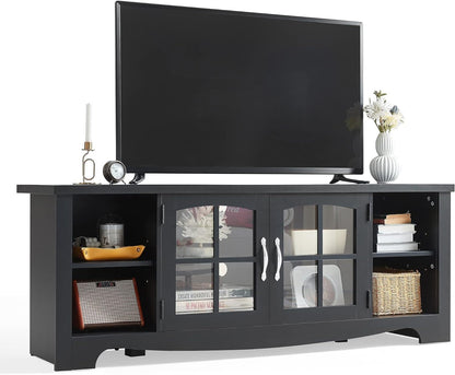 LINSY HOME Farmhouse TV Stand for 65 Inch TV, Wood Entertainment Center with Glass Door Storage Cabinet & Adjustable Shelves, Sturdy TV Console Table for Living Room Bedroom, Black