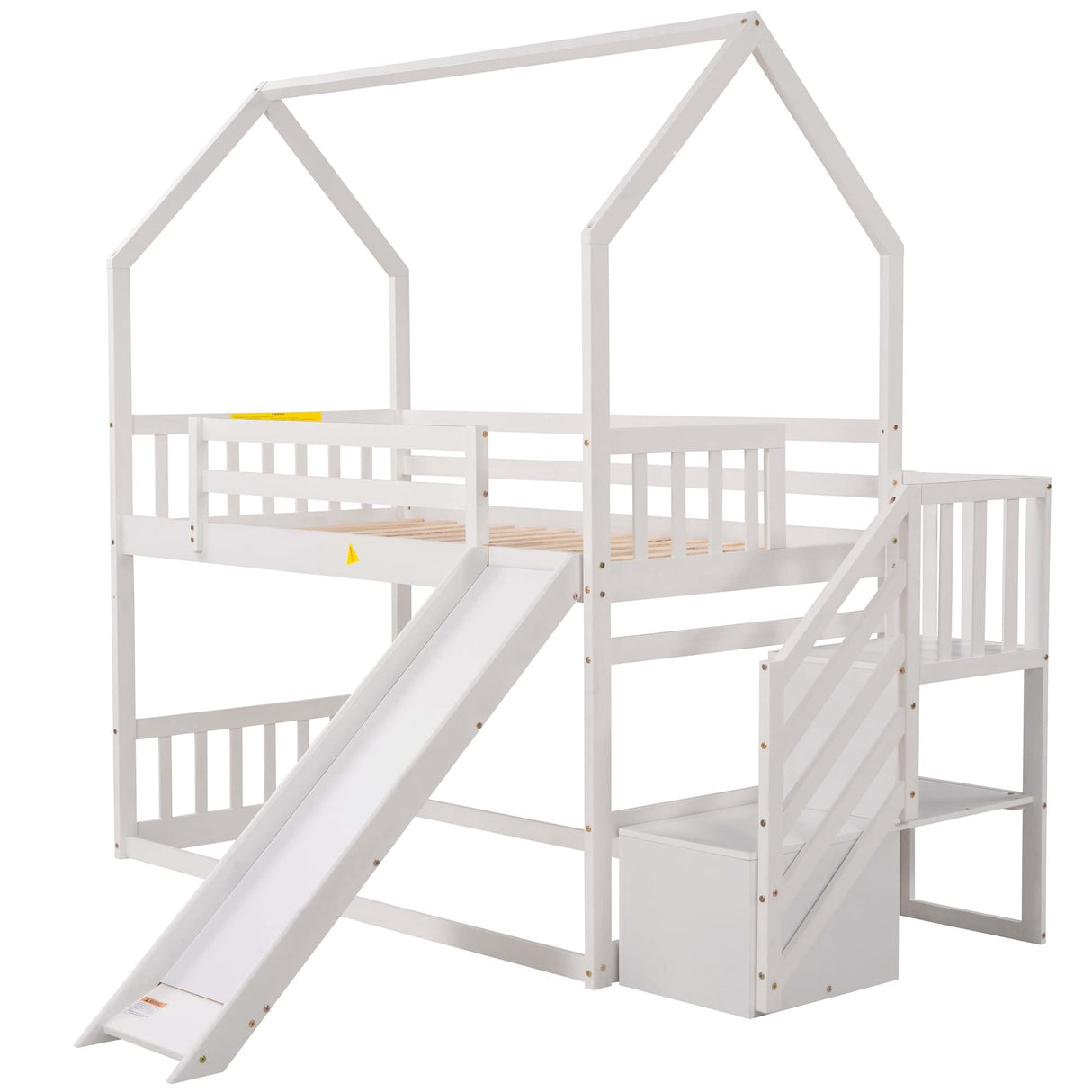 Merax Twin Over Twin House Bunk Bed Frames with Slide and Storage Staircase, No Box Spring Needed, White Merax