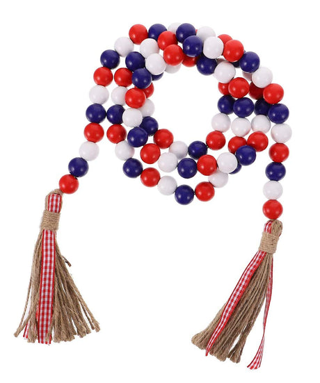 Wood Bead Garland with Rustic Tassels, Farmhouse Wall Hanging Prayer Beads Patriotic American Independence Day 4th of July Ornaments for Home Decor Medoore