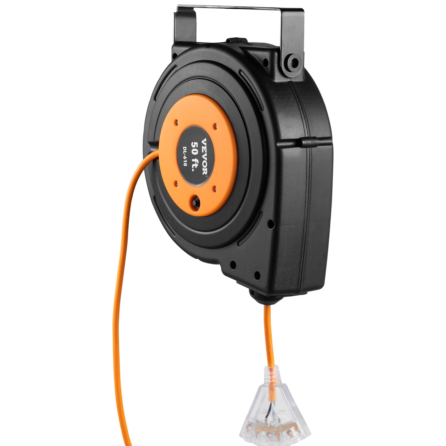 VEVOR Retractable Extension Cord Reel, 50 FT Heavy Duty 14AWG/3C SJTOW Power Cord with Lighted Triple Tap Outlet, 13 Amp Circuit Breaker, 180° Swivel Bracket for Ceiling or Wall Mount - WoodArtSupply