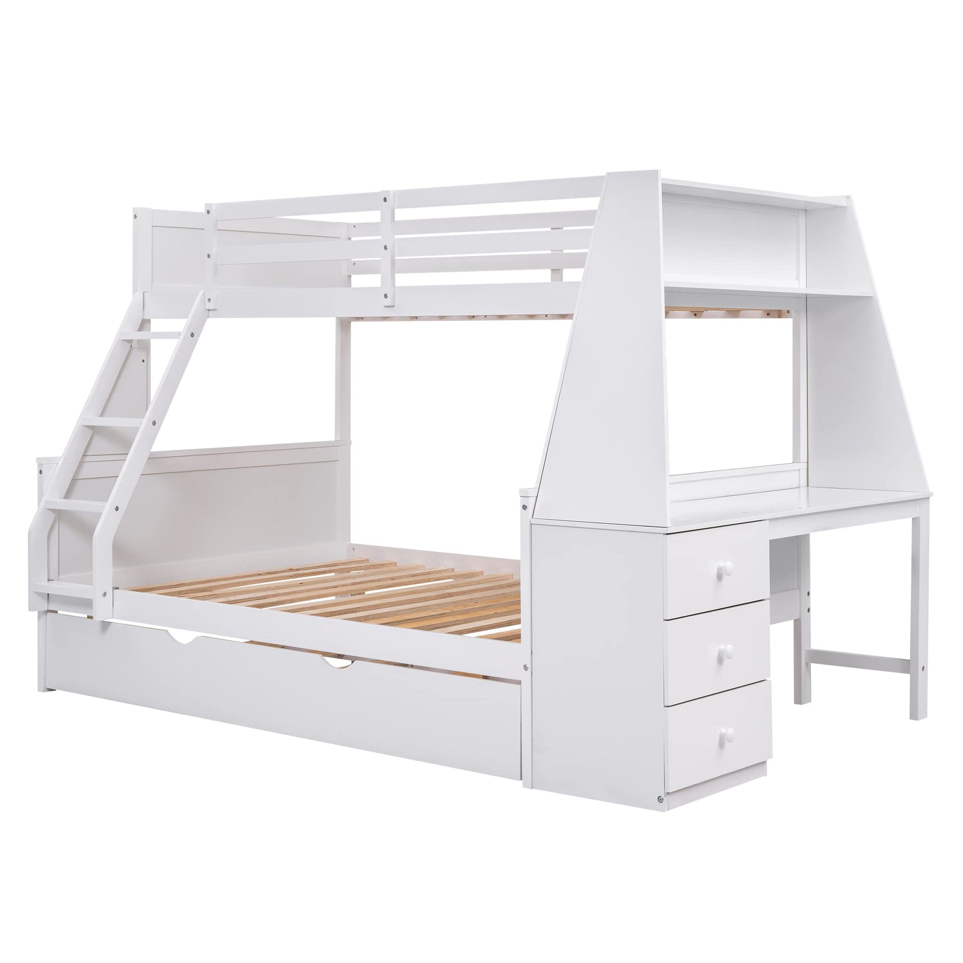 Modern Twin Over Full Bunk Bed with Desk, Trundle, and Storage Drawers in White - WoodArtSupply