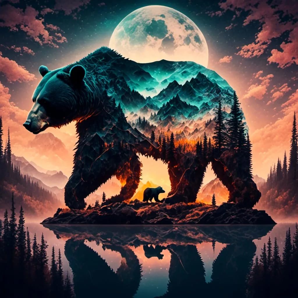 Ekuxom Forest Bear Diamond Art Kits for Adults, DIY Animal Diamond Art Kits, Moon Round Full Drill Animal Diamond Painting Kits for Adults Gem Art Wall Decor Gifts 14x14 inch Ekuxom