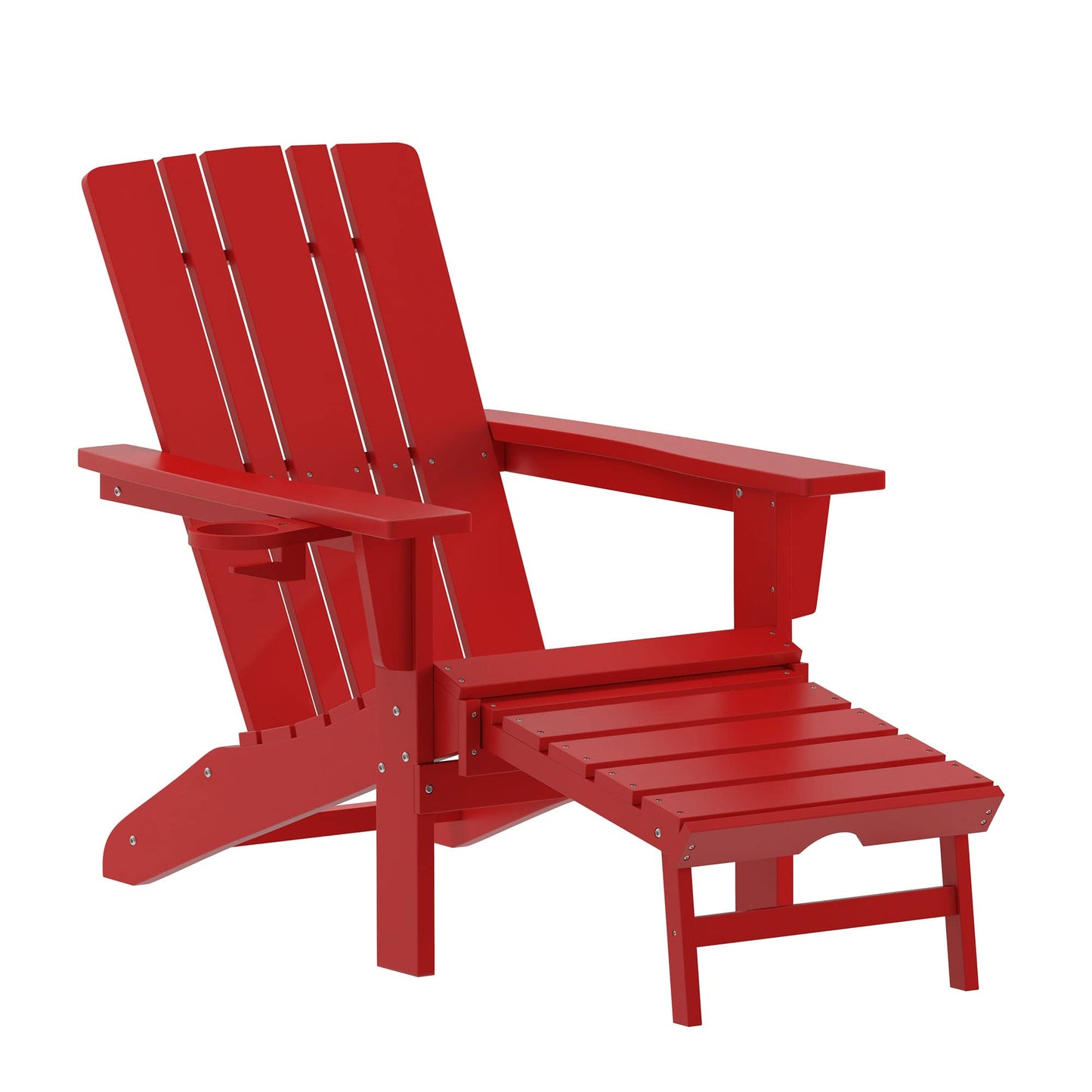 Flash Furniture Halifax Poly Resin Adirondack Chair with Cup Holder and Pull Out Ottoman, All-Weather Poly Resin Indoor/Outdoor Lounge Chair, Red