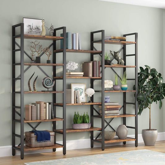 Tribesigns Vintage Brown Triple Wide 5-Shelf Etagere Bookcase - Industrial Style Wood and Metal Bookshelf for Home & Office - WoodArtSupply