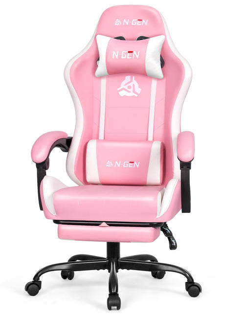 N-GEN GAMING Video Gaming Chair with Footrest High Back Ergonomic Comfortable Office Computer Desk with Lumbar Support Height Adjustable with PU Leather Recliner for Adults Women Men (Pink) N-GEN GAMING