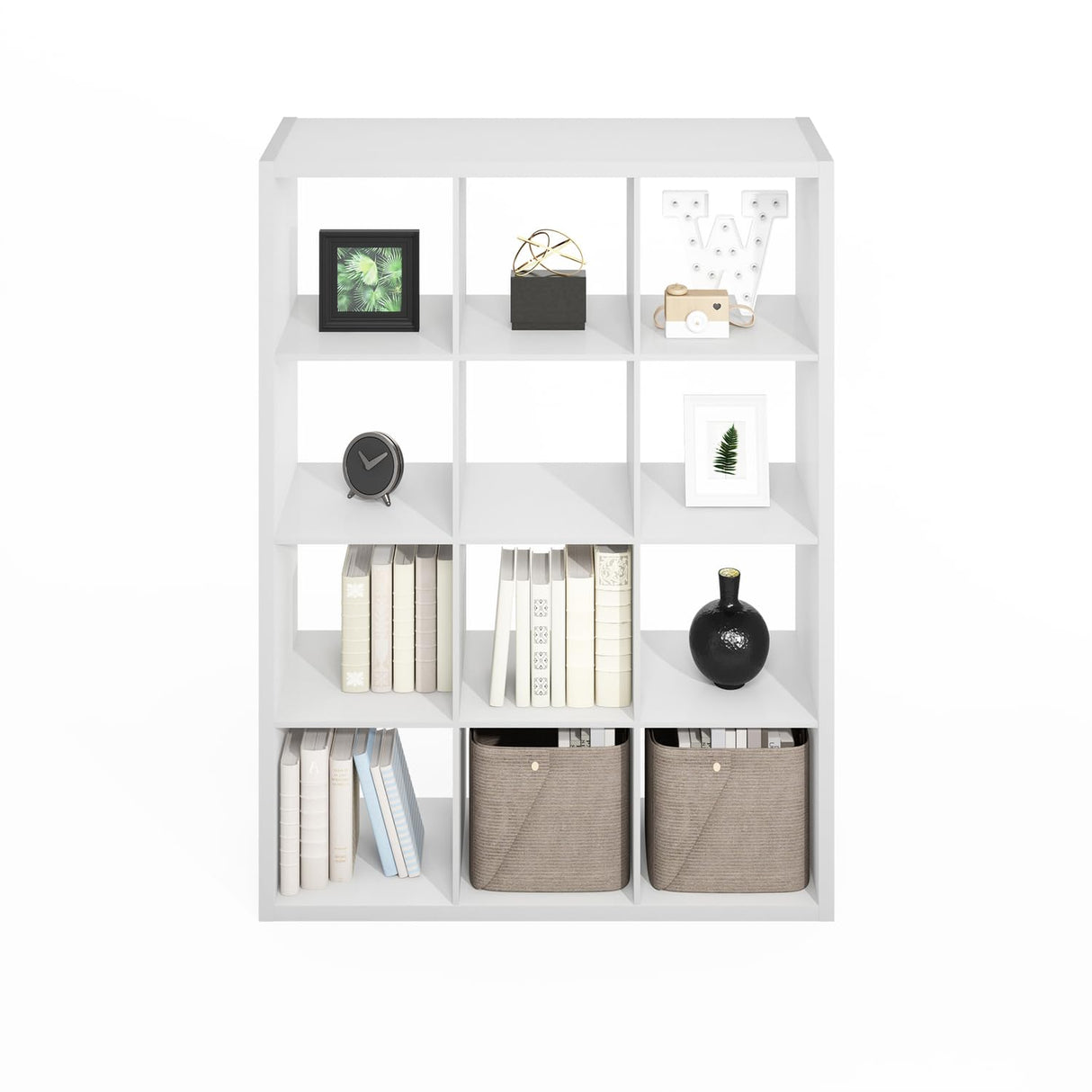 Furinno Simple Cube Storage Organizer, 12-Cube Display Shelf, Open Back Shelving Unit, Storage Shelves, Extra Thick Frame, for Organization and Storage, Living Room, Home Office, White Furinno