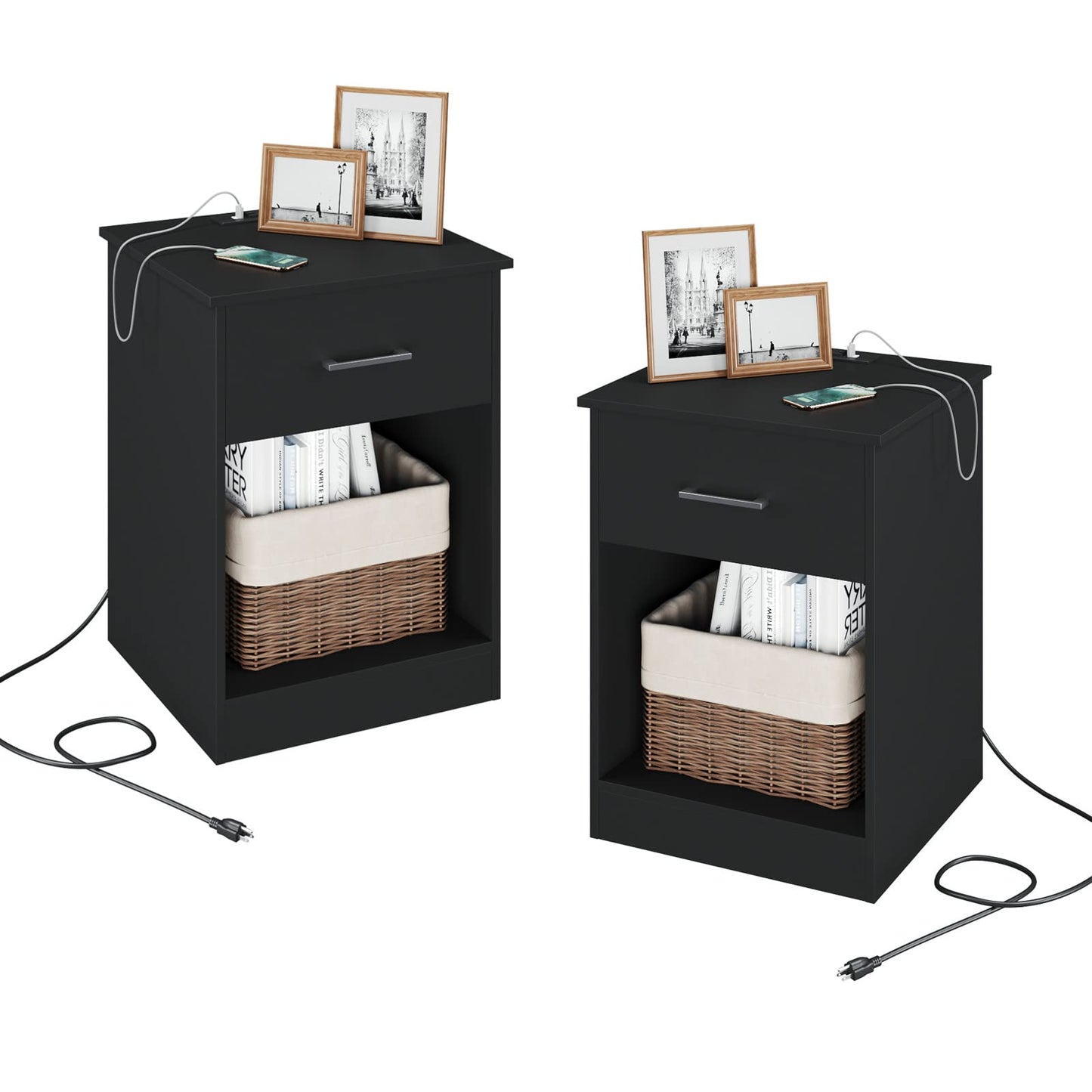 Reettic Set of 2 Nightstand with Charging Station and USB Ports & Power Outlets, Wooden End Table with Drawer and Opening Shelf, Side Table for Bedroom, Black RCTG101BE02 - WoodArtSupply