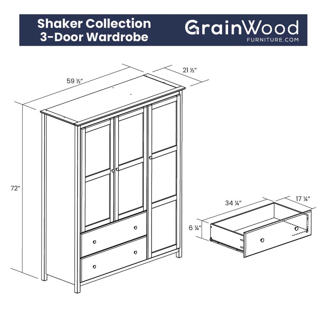 Grain Wood Furniture Shaker 3-Door Wardrobe, Solid Wood with Cherry Finish Grain Wood Furniture