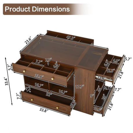 47.3" Closet Island with 6 Drawers Table, Wardrobe Armoire Island with Glass Display Top and Open Shelves, Jewelry Storage Vanity Island with compartments, Walk-in Closet Island for Cloakroom,Walnut JIJIWANG