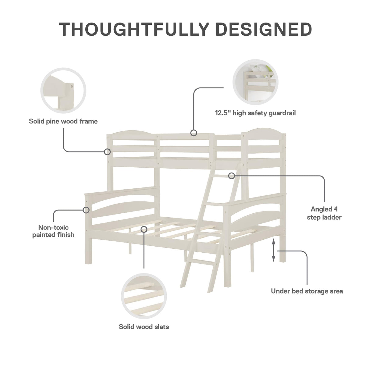 DHP Brady Wood Bunk Bed Frame, Twin Over Full, White DHP