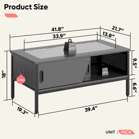 Bestier 42 Inch LED Coffee Table with Storage Glass Coffee Tables for Living Room with Sliding Doors, Black Living Room Center Table Bestier