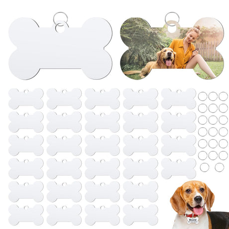 FAURAPMNG 30 Pcs Sublimation Aluminum Blank Dog Tag, Aluminum Blank Dog Bone Sublimation Stamping Tag with 20 Pcs Ring, Blank Dog Tag Double Sided Transfer Tags for DIY Dogs Pets ID Name Tag FAURAPMNG