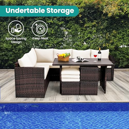 Wumiokio Patio Furniture Set, 7 Pieces Outdoor Patio Furniture with Dining Table&Chair, All Weather Wicker Conversation Set with Ottoman,Brown Rattan & Ivory Cushions (Include Sofa Dust Cover) Wumiokio