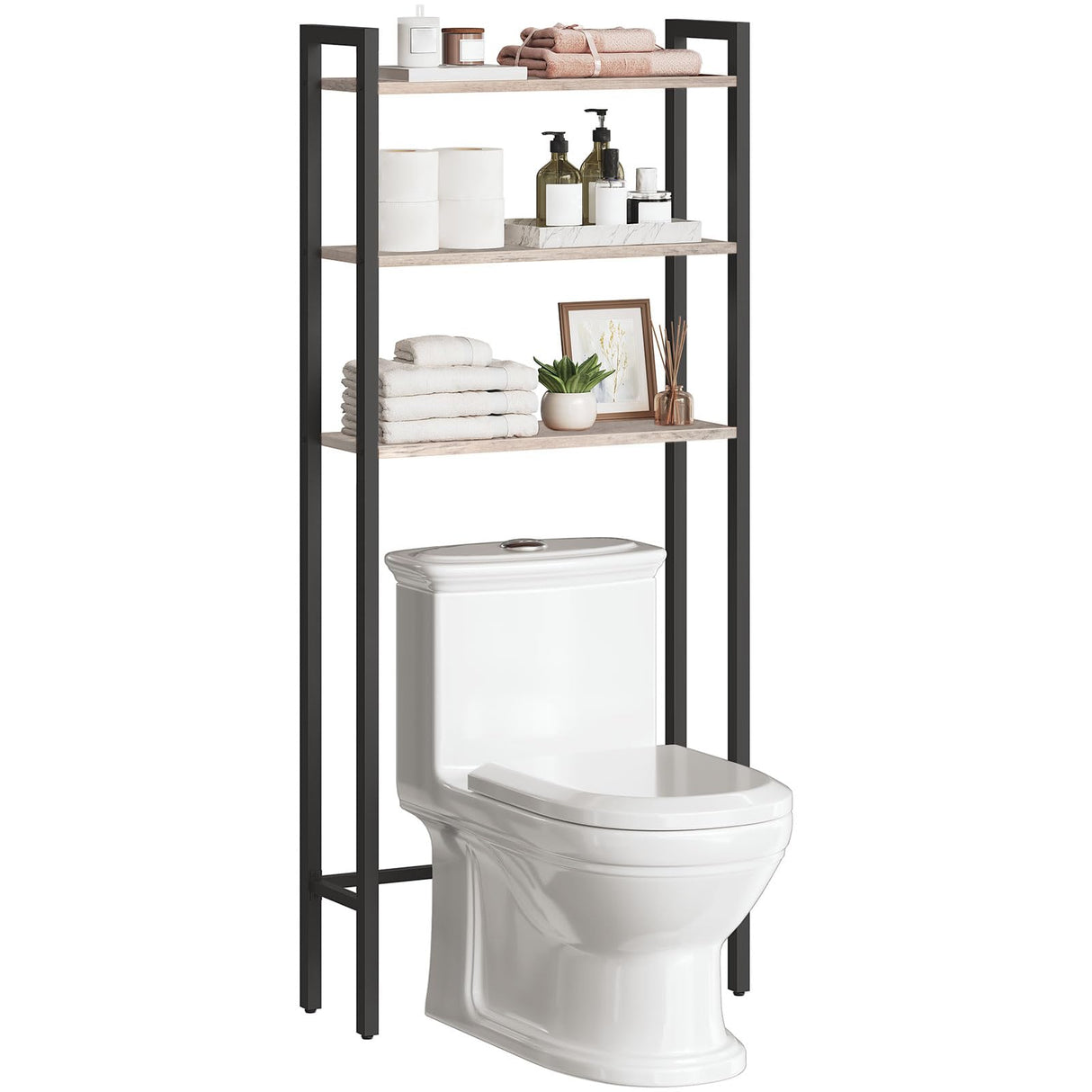 HOOBRO Over The Toilet Storage, 3-Tier Bathroom Organizer Shelf Over Toilet, Freestanding Bathroom Storage Shelves, Space Saver, Easy to Assemble for Room, Greige and Black BG41TS01 HOOBRO