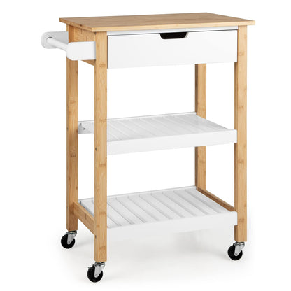 Giantex Kitchen Island Cart with Storage, Rolling Bamboo Kitchen Cart on Wheels, w/Pull-Out Drawer, Towel Handle, 2 Open Shelves, Mobile Coffee Bar Cart for Dining Room Living Room (Wood & White)