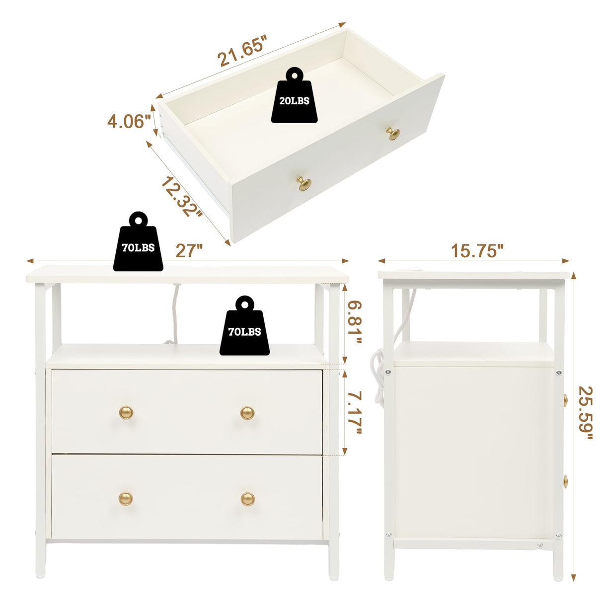 Edbuosy 27 inch Wide Nightstand with Charging Station, Bedside Table with Open Shelf, 2 Drawers Small Wood Dresser, End Side Table for Bedroom (White) Edbuosy