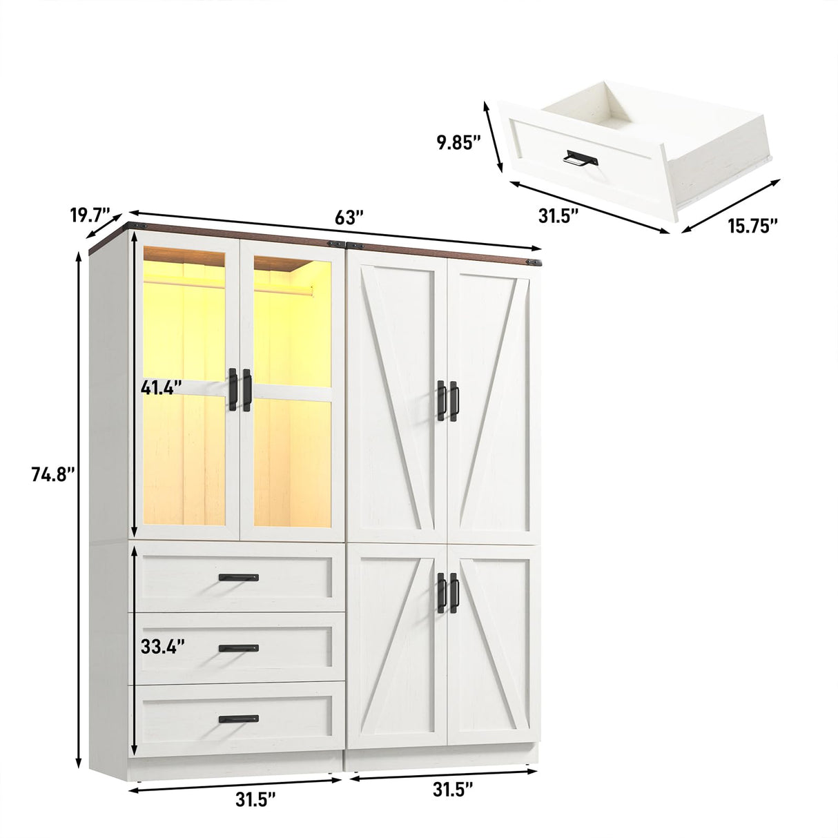 75" Tall Farmhouse 4 Doors Armoire Wardrobe Closet with 3 Drawers and LED,Freestanding Closet Wardrobe Cabinet for Bedroom with Hanging Rod,Wooden Armoire Storage Cabinet Adjustable(Rustic Off White) Hlivelood