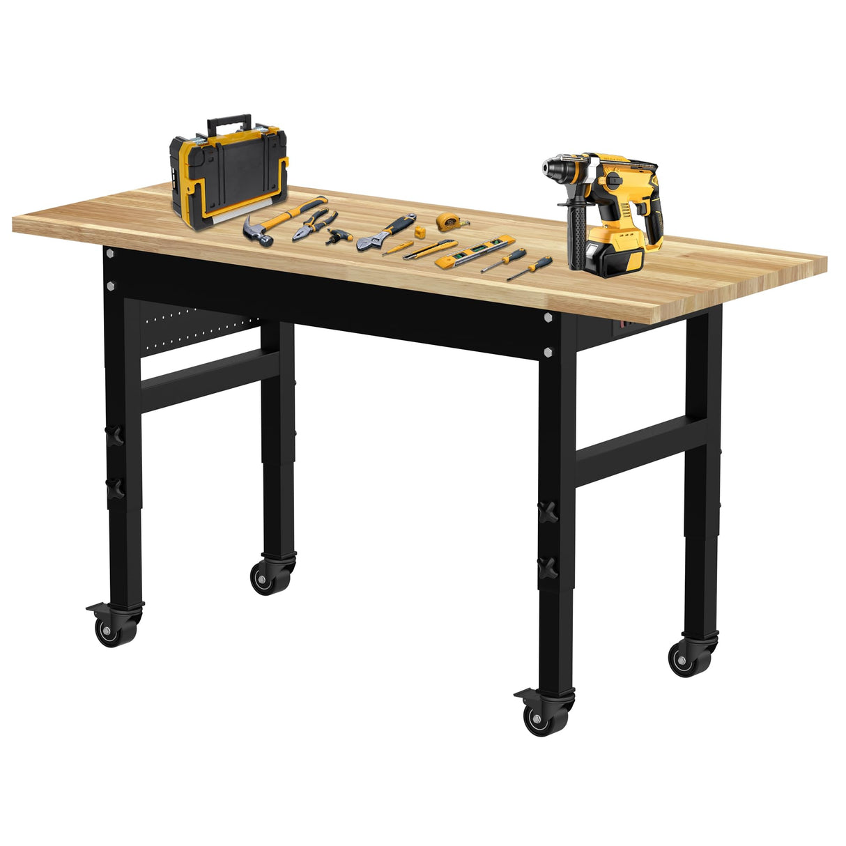 MISHAO 60" Adjustable Workbench on Wheels, Rubber Wood Heavy-Duty Workstation w/Power Outlet & Pegboard, 2000 LBS Load Capacity Hardwood Worktable for Garage, Workshop, Office, Home MISHAO