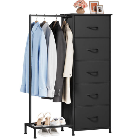Somdot Dresser with Hanging Rack,5 Drawers Small Closet for Bedroom,Reversible Dresser with Clothes Rack,Kids Dressers for Bedroom Chest of Drawers,Tall Storage Tower,Black Somdot